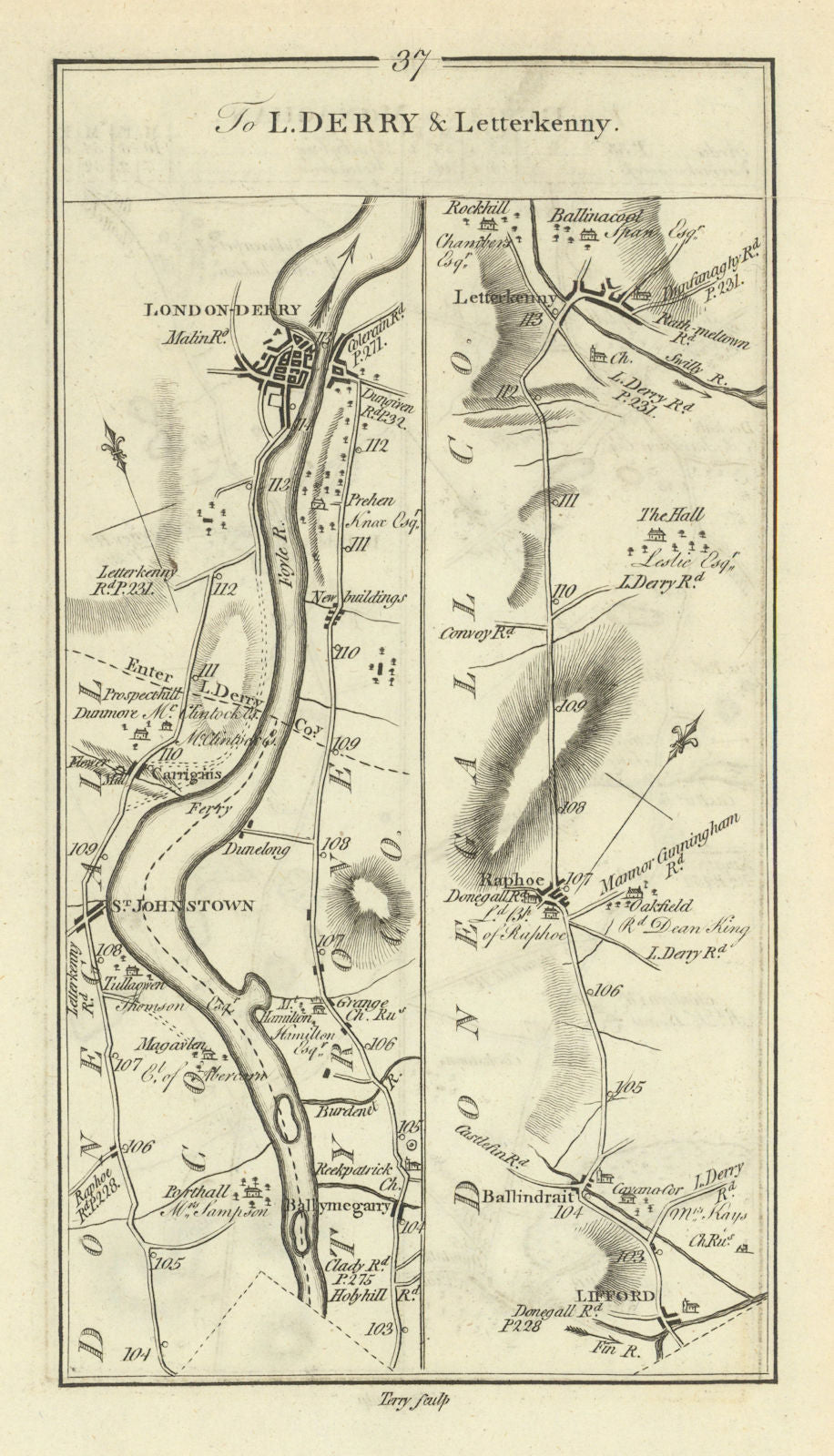 #37 To Londonderry & Letterkenny. Raphoe Lifford. TAYLOR/SKINNER 1778 old map