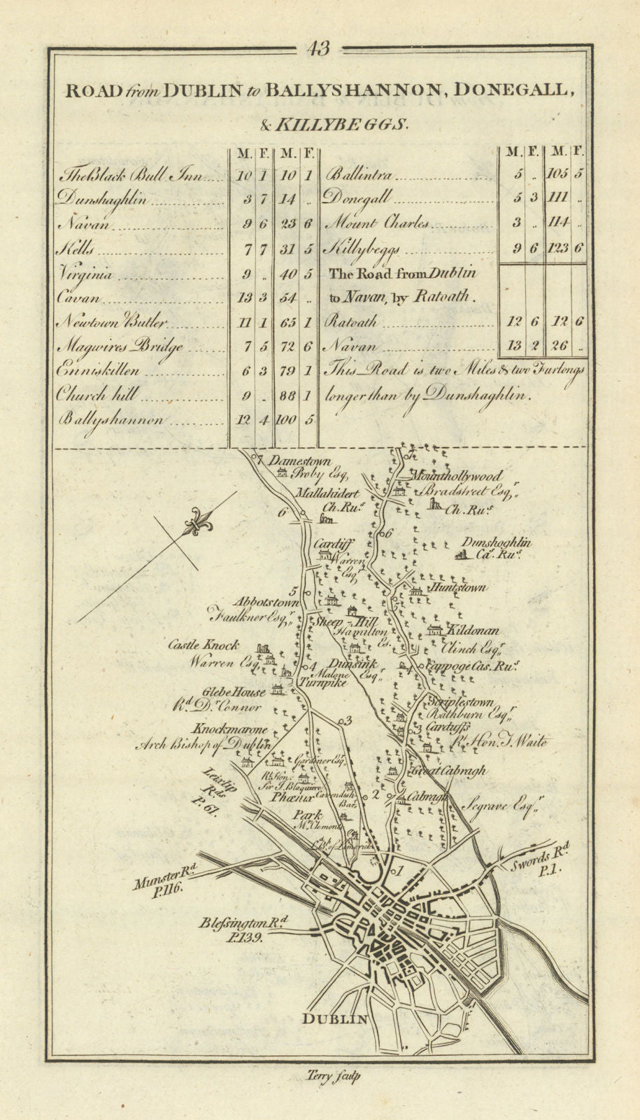 #43 Dublin to Donegal. Abbotstown Castleknock Mulhuddart TAYLOR/SKINNER 1778 map