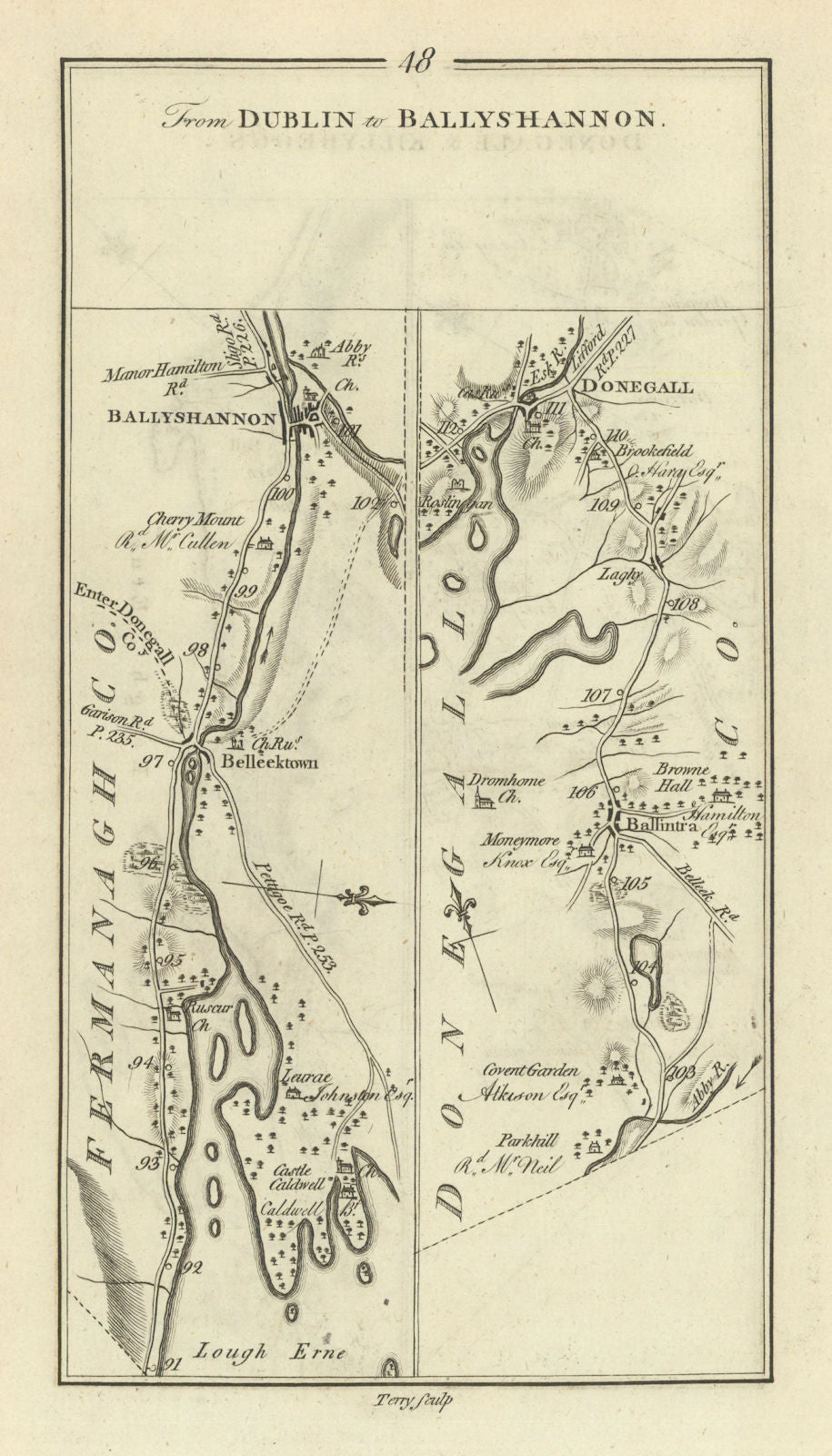 #48 Dublin to Ballyshannon. Donegal Belleek Ballintra. TAYLOR/SKINNER 1778 map
