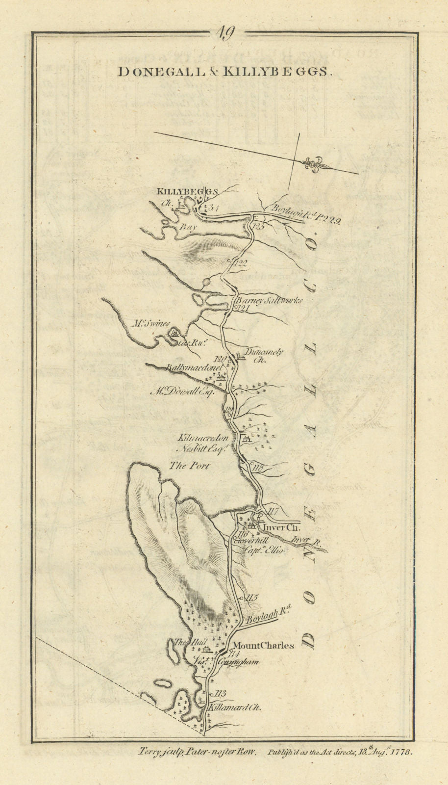 #49 Dublin to… Donegal & Killybegs. Mountcharles. TAYLOR/SKINNER 1778 old map
