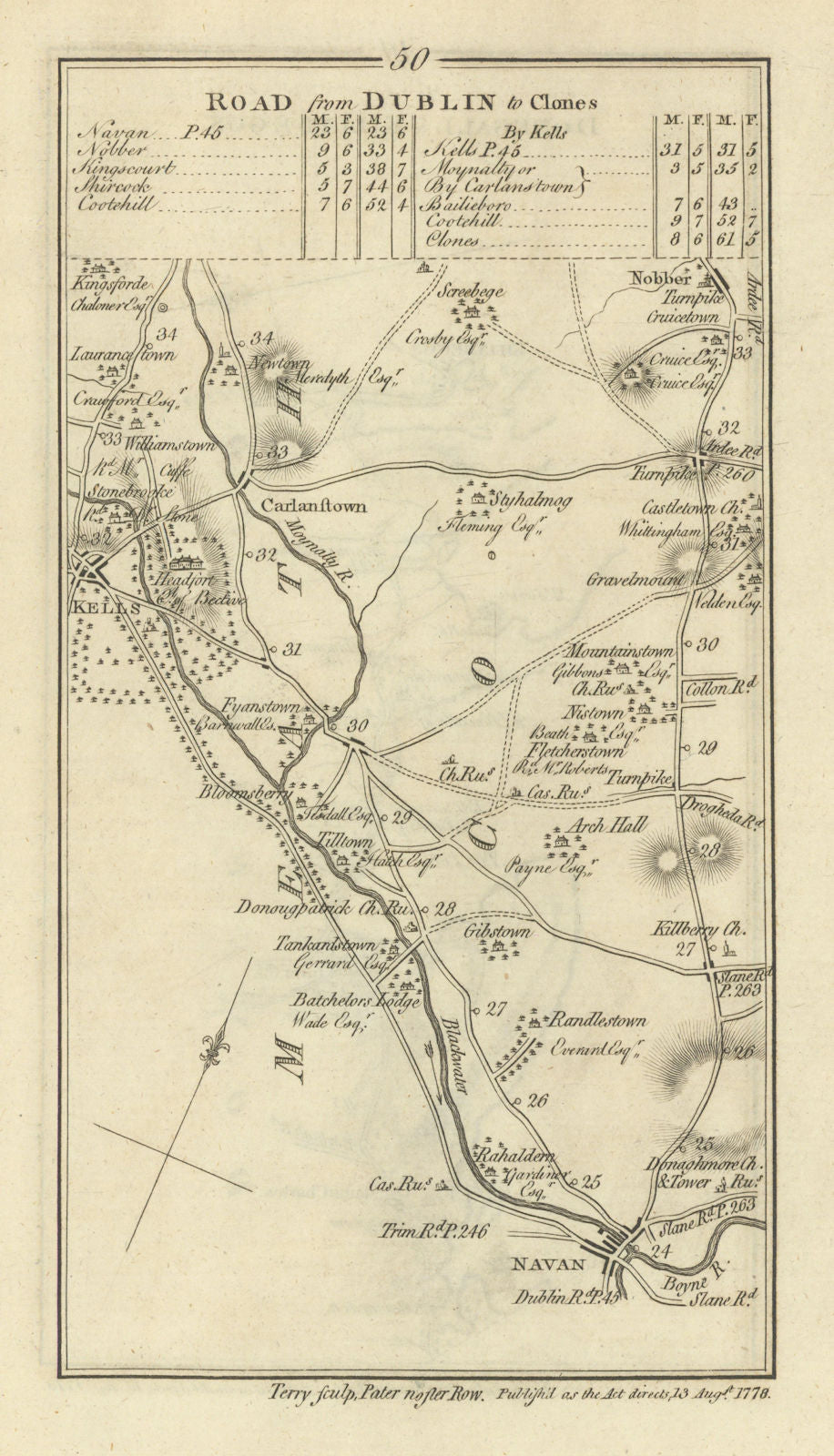 #50 From Dublin to Clones. Kells Nobber Navan Meath. TAYLOR/SKINNER 1778 map