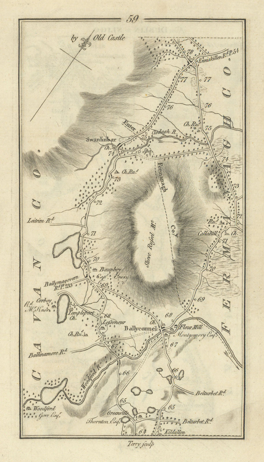 #59 Dublin to Sligo. Swanlinbar Ballyconnell Cavan. TAYLOR/SKINNER 1778 map
