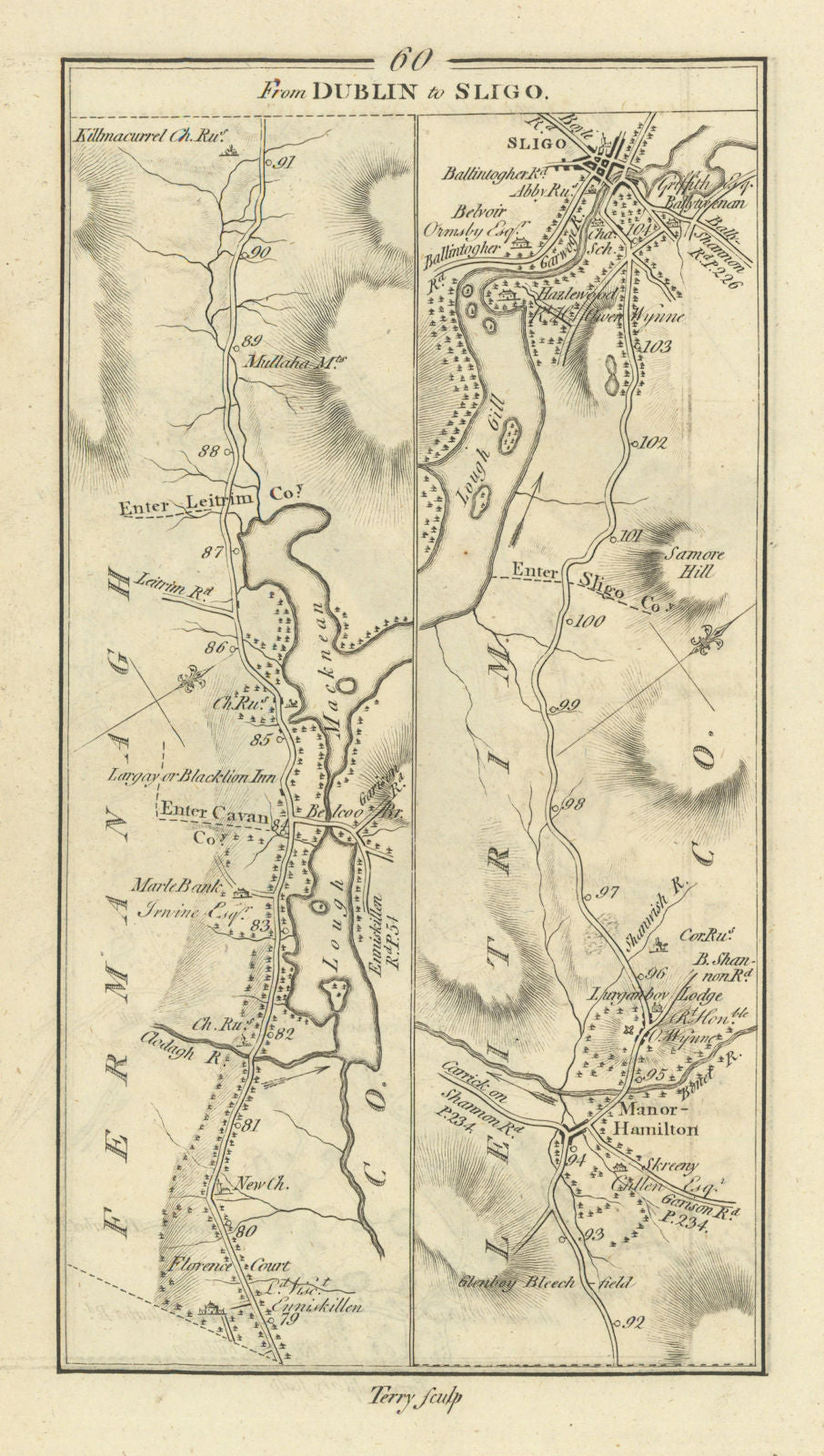 #60 Dublin to Sligo. Manorhamilton Loch Macnean Leitrim. TAYLOR/SKINNER 1778 map