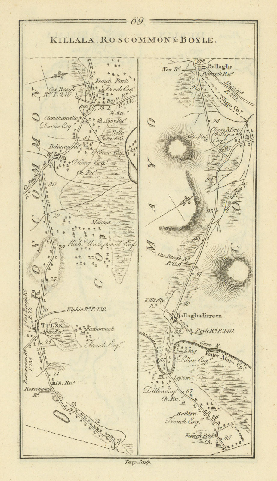 #69 Dublin to Killala… Tulsk Ballaghaderreen Bellaghy. TAYLOR/SKINNER 1778 map