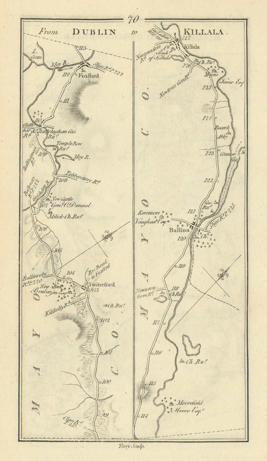 #70 Dublin to Killala. Foxford Swinford Ballina Mayo. TAYLOR/SKINNER 1778 map