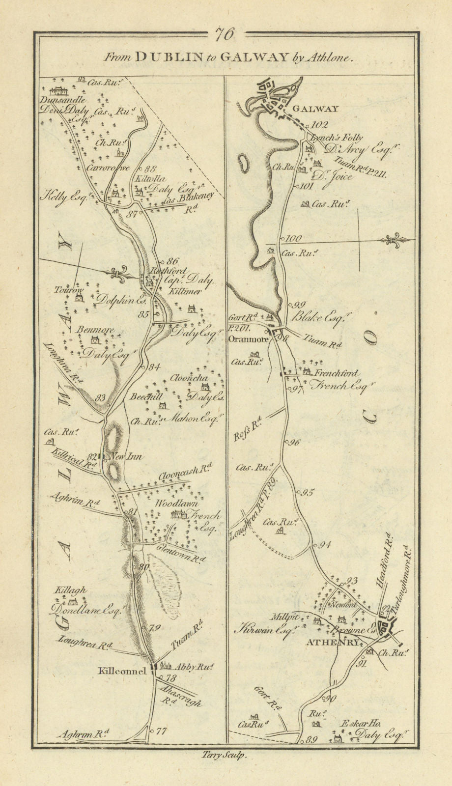 #76 Dublin to Galway… Oranmore Kilconnell Athenry. TAYLOR/SKINNER 1778 old map