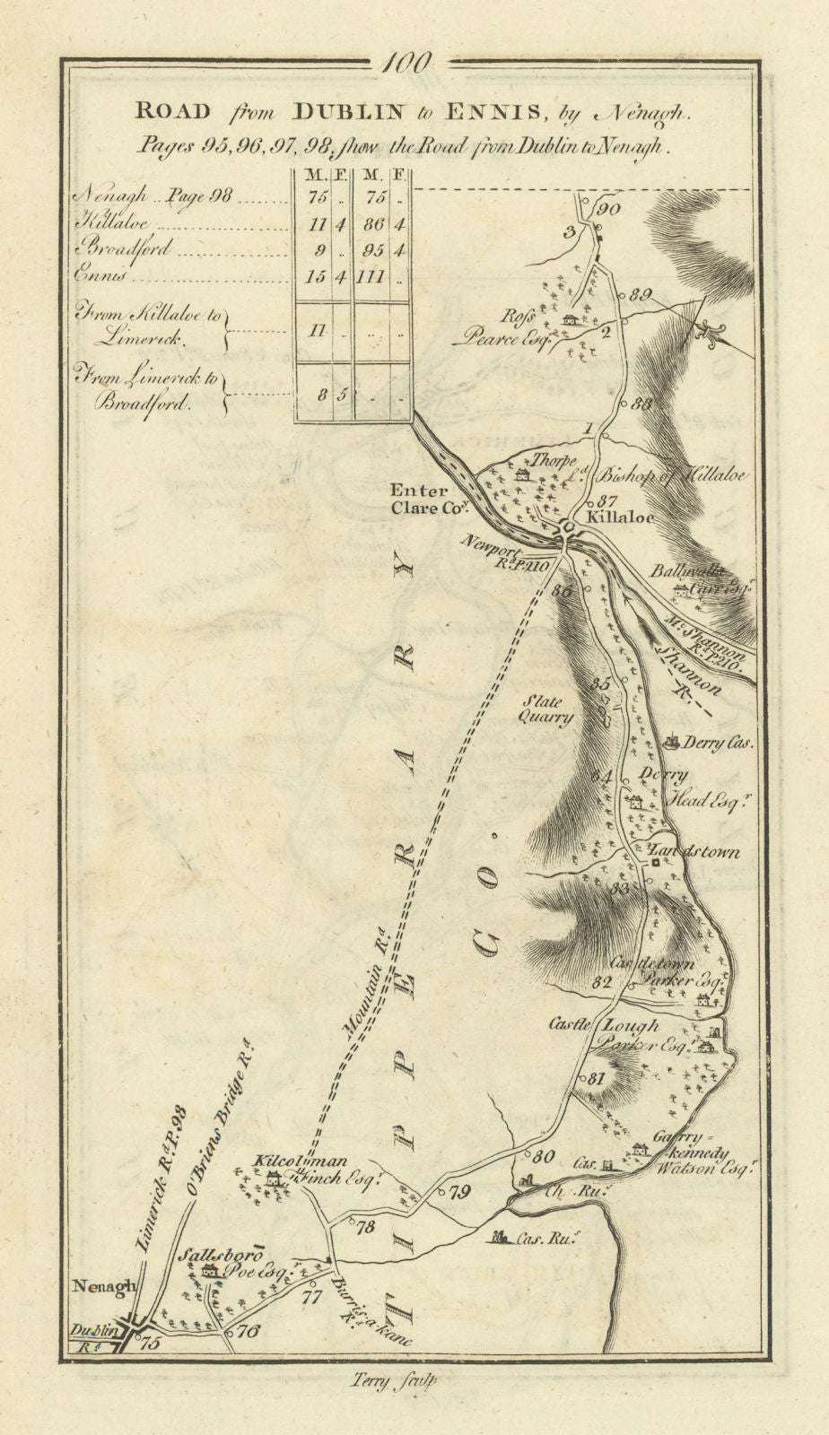 #100 Dublin to Ennis by Nenagh & Killaloe. Tipperary. TAYLOR/SKINNER 1778 map
