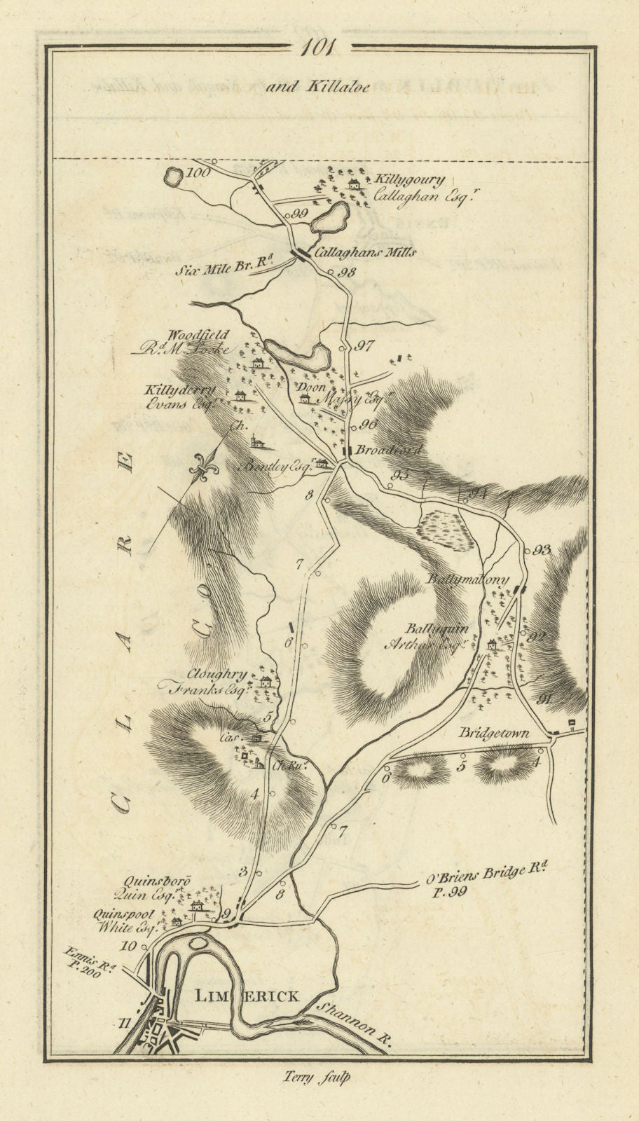 #101 Dublin to Ennis by Nenagh. Limerick Broadford. TAYLOR/SKINNER 1778 map