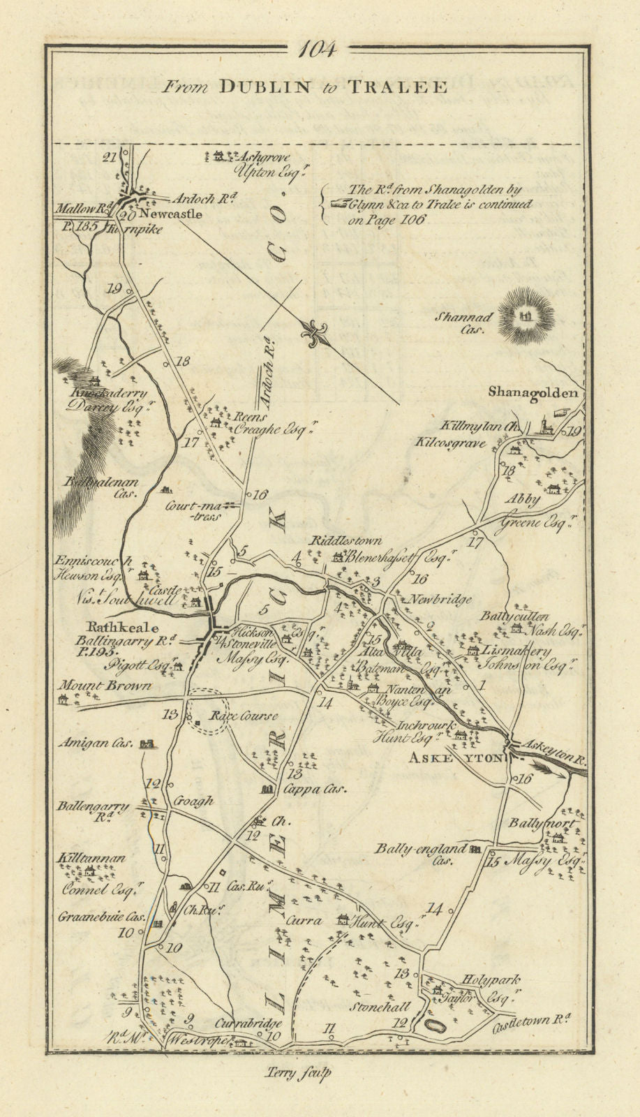 #104 Dublin to Tralee. Newcastle Shanagolden Rathkeale. TAYLOR/SKINNER 1778 map