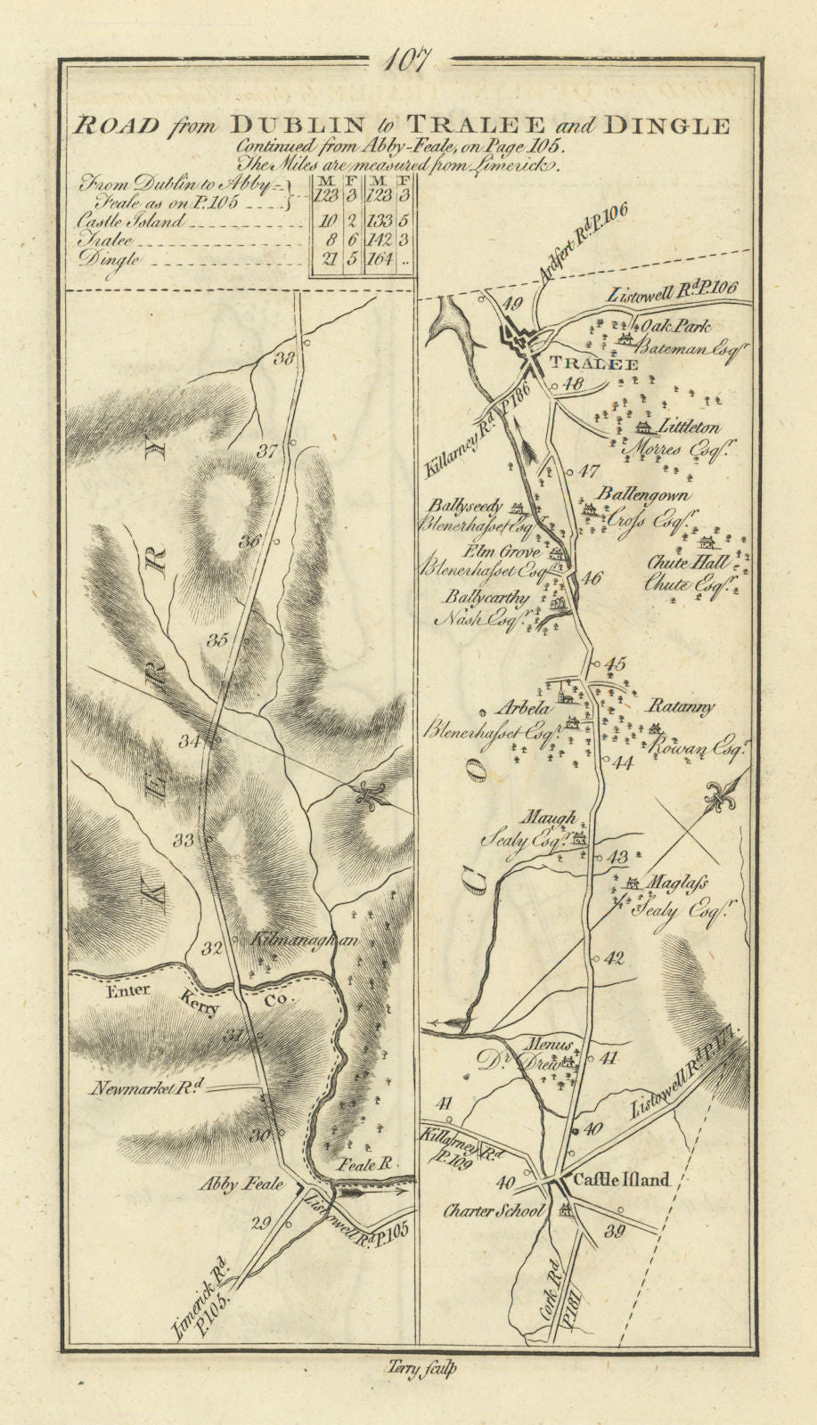 #107 Dublin to Tralee… Castleisland Abbeyfeale Kerry. TAYLOR/SKINNER 1778 map