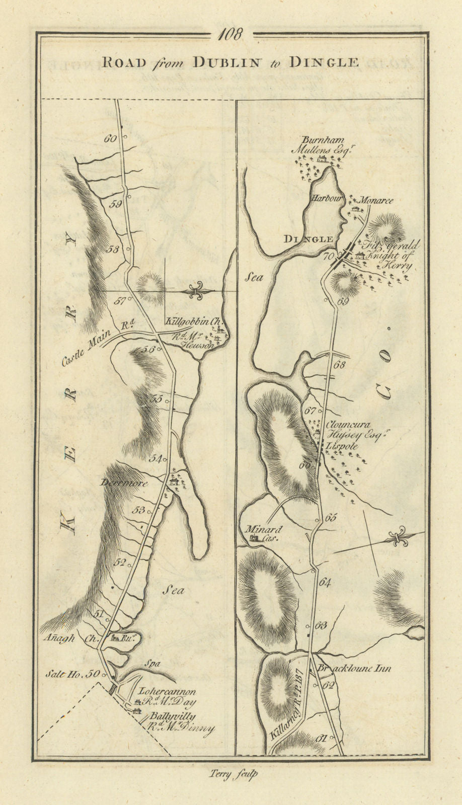 #108 Road from Dublin to Dingle. Kerry. TAYLOR/SKINNER 1778 old antique map