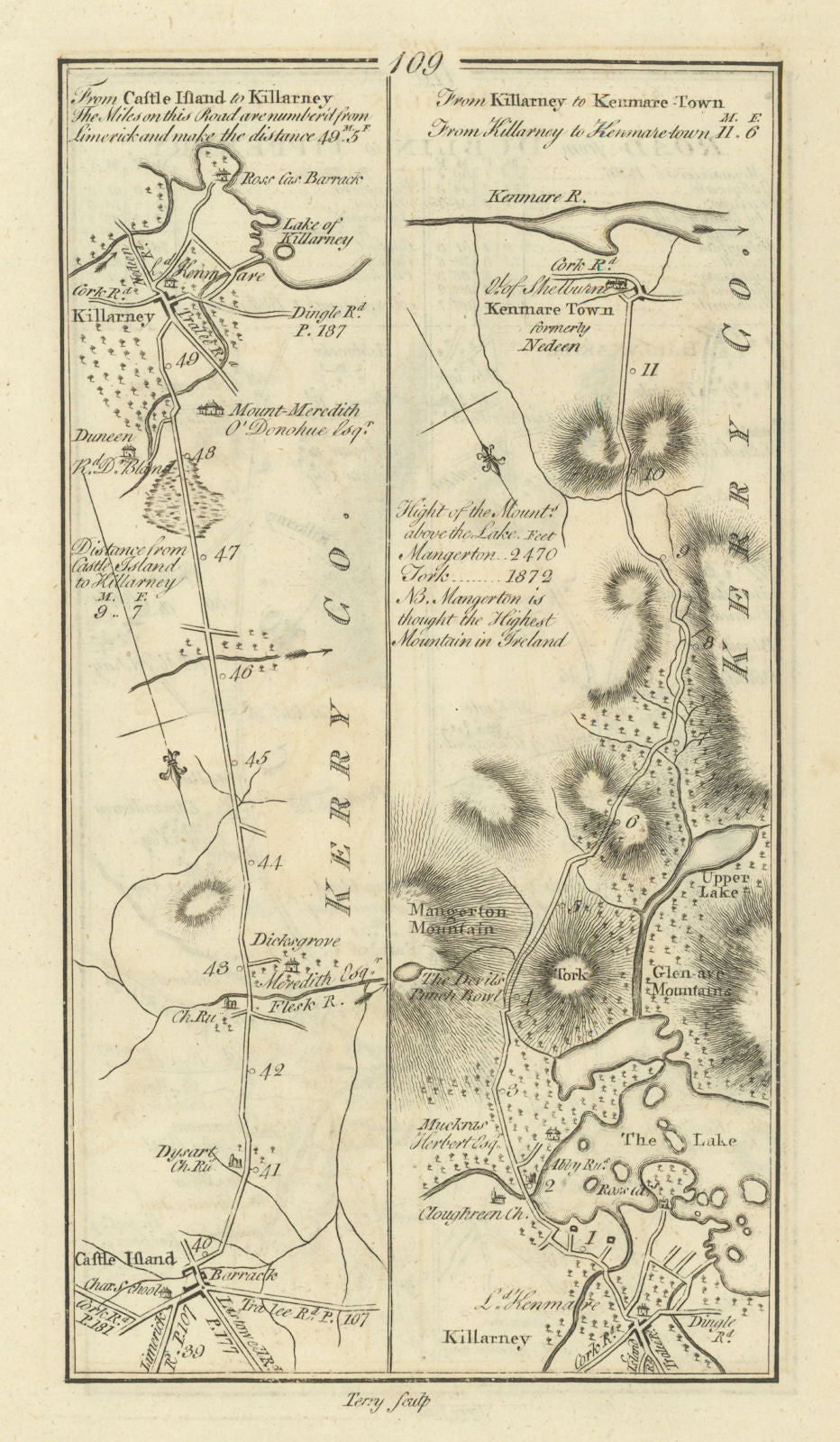 #109 Castleisland to Killarney & Kenmare Town. Kerry. TAYLOR/SKINNER 1778 map