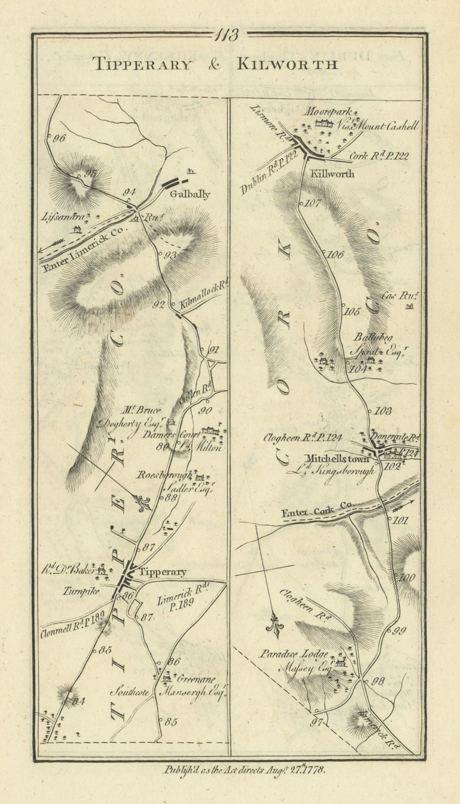 #113 Tipperary & Kilworth. Galbally Mitchelstown. TAYLOR/SKINNER 1778 old map