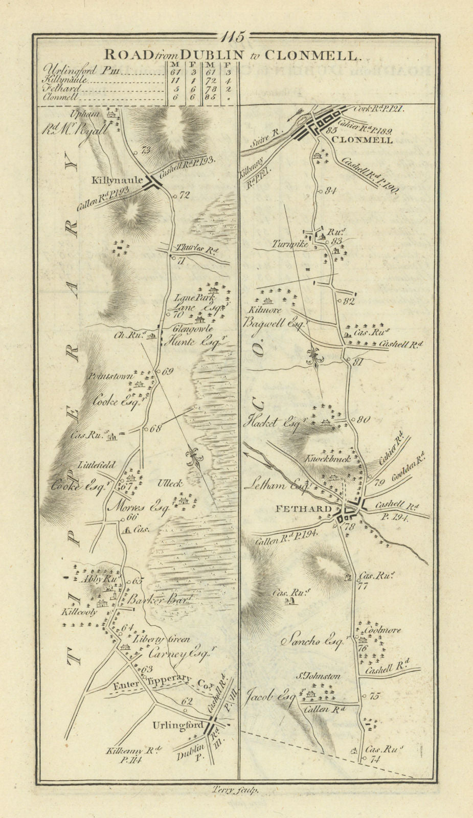 #115 Dublin to Clonmell. Killenaule Fethard Urlingford. TAYLOR/SKINNER 1778 map