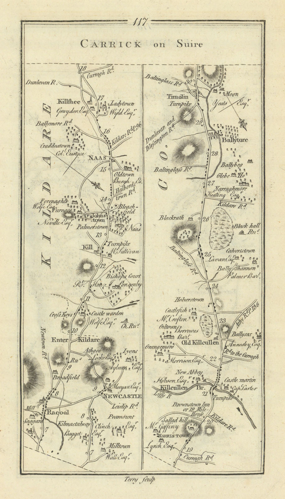 #117 Dublin to Carrick-on-Suir. Naas Kilcullen Rathcoole TAYLOR/SKINNER 1778 map