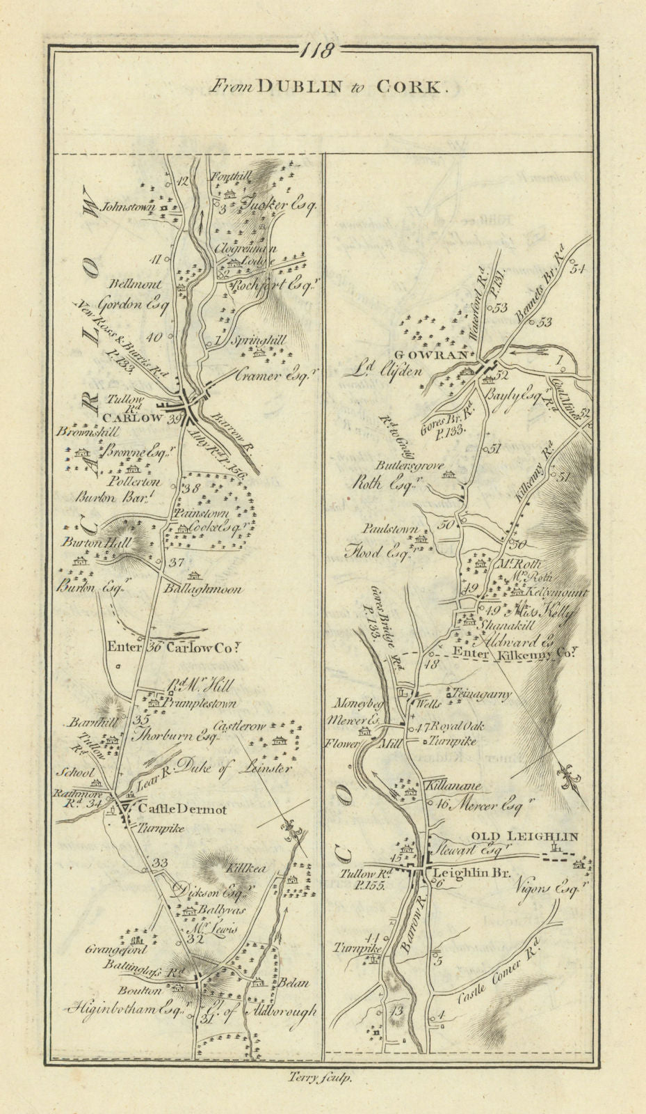 #118 Dublin to Cork. Carlow Gowran Castledermot. TAYLOR/SKINNER 1778 old map