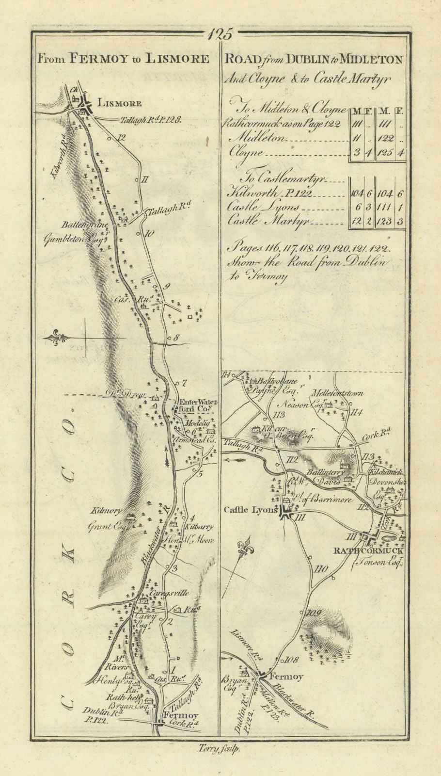 #125 Fermoy to Lismore, Rathcormac & Castlelyons. Cork. TAYLOR/SKINNER 1778 map