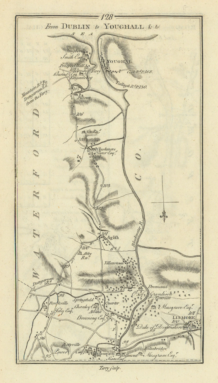 #128 Dublin to... Youghal & Lismore. Aglish Cappoquin. TAYLOR/SKINNER 1778 map