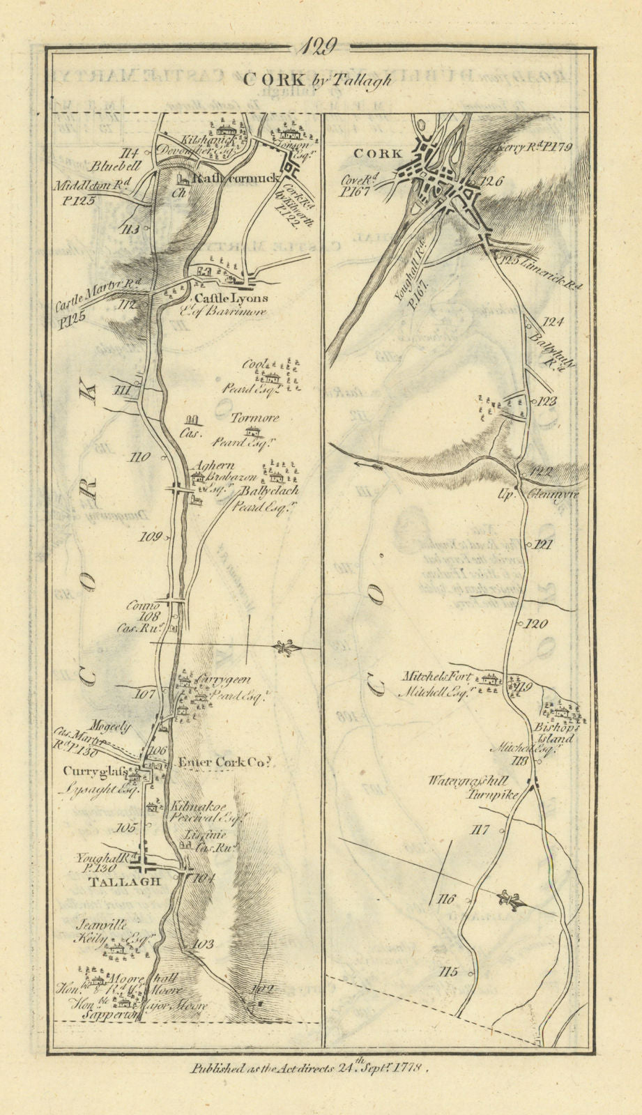 #129 Cork by Tallagh. Rathcormac Castlelyons Tallow. TAYLOR/SKINNER 1778 map