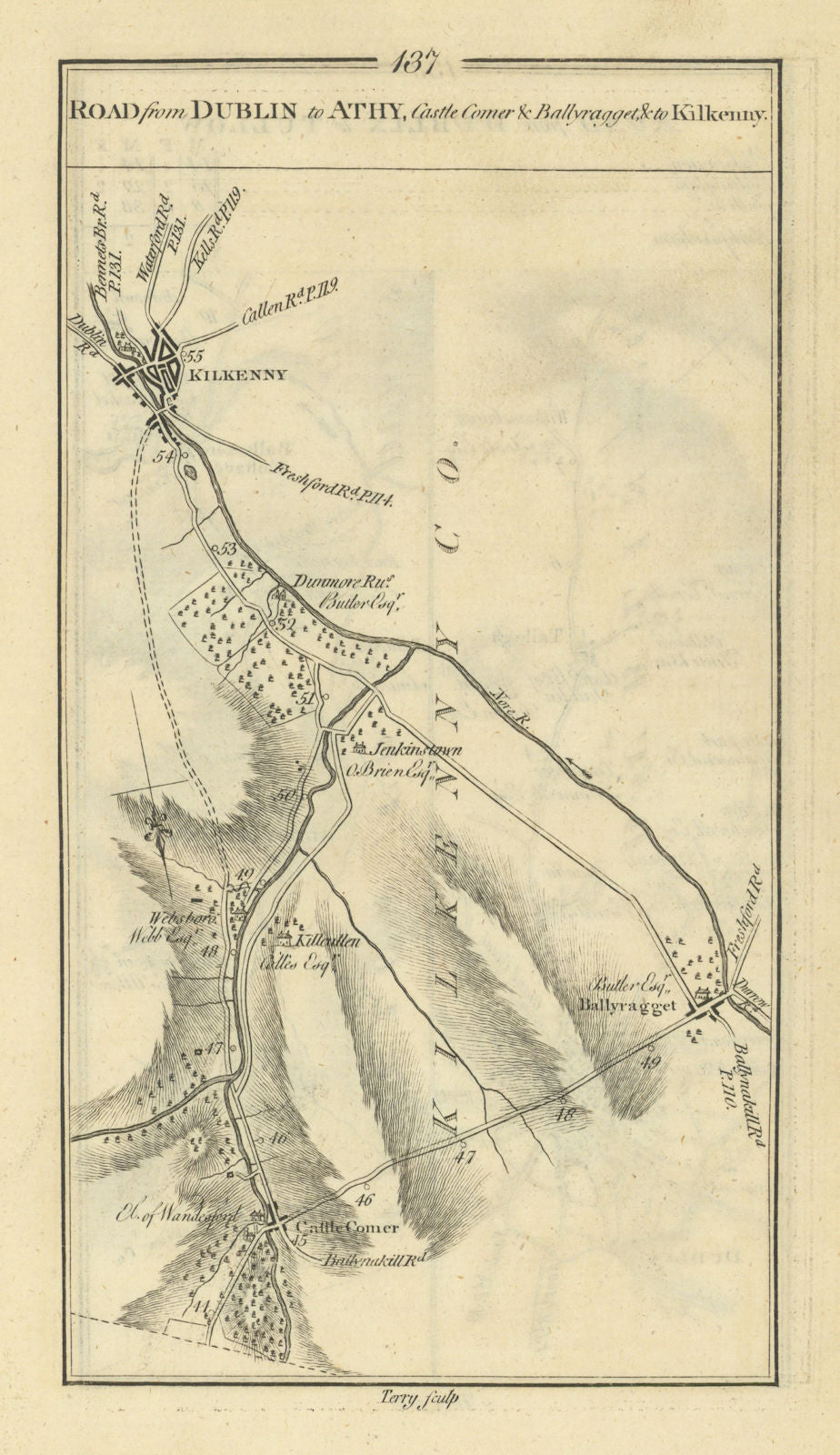 #137 Dublin to Athy, Castlecomer, Ballyragget & Kilkenny TAYLOR/SKINNER 1778 map