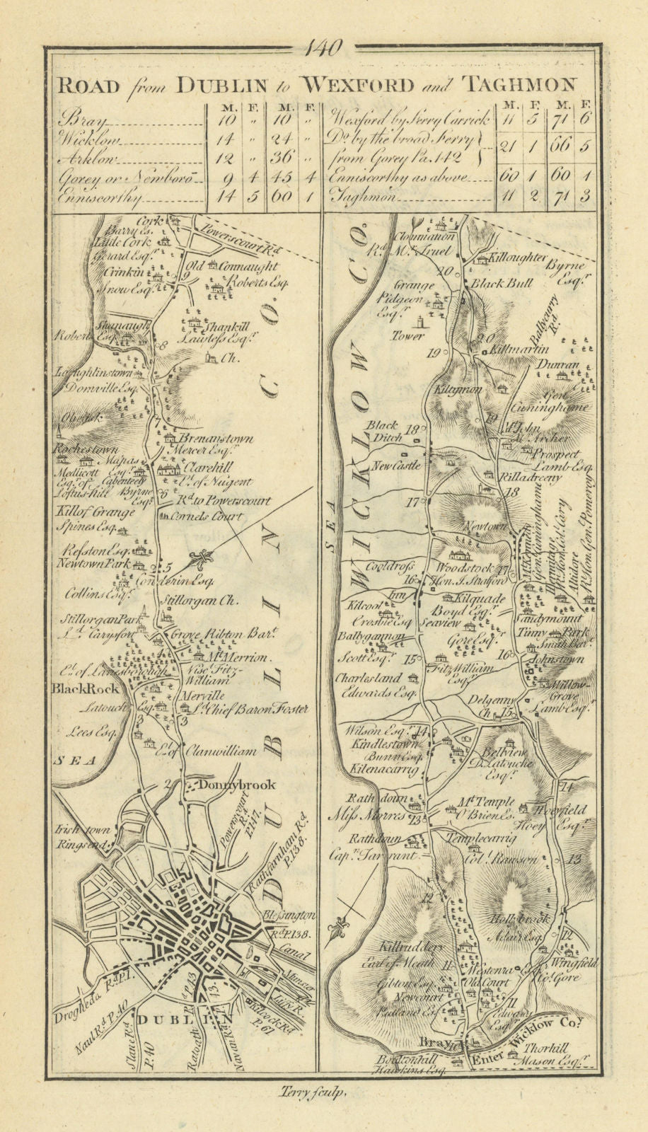 #140 Dublin-Wexford. Donnybrook Blackrock Bray Wicklow TAYLOR/SKINNER 1778 map