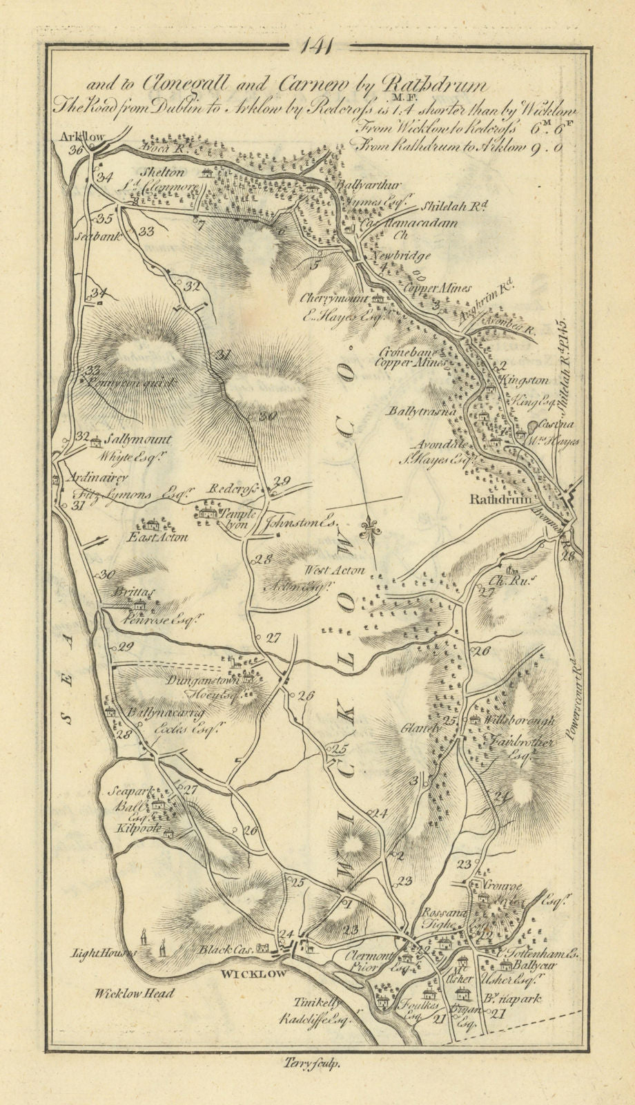 #141 to Clongall & Carnew by Rathdrum. Arklow Wicklow. TAYLOR/SKINNER 1778 map