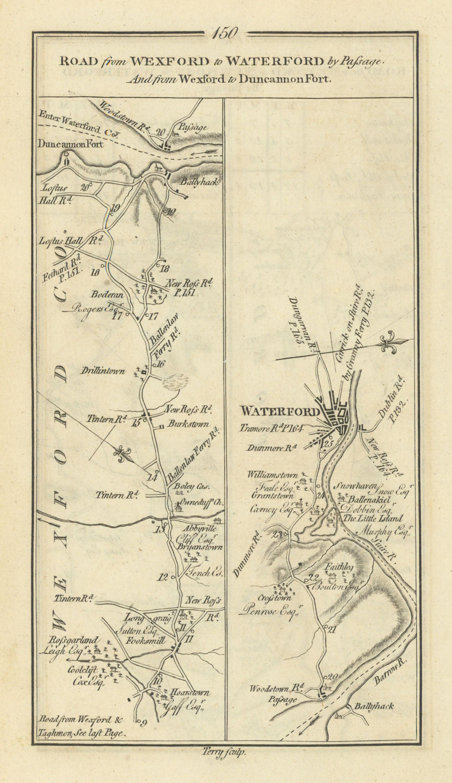 #150 Wexford to Waterford. Ballyhack Duncannon. TAYLOR/SKINNER 1778 old map