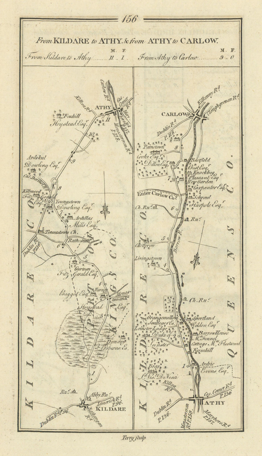#156 Kildare to Athy & Athy to Carlow. TAYLOR/SKINNER 1778 old antique map