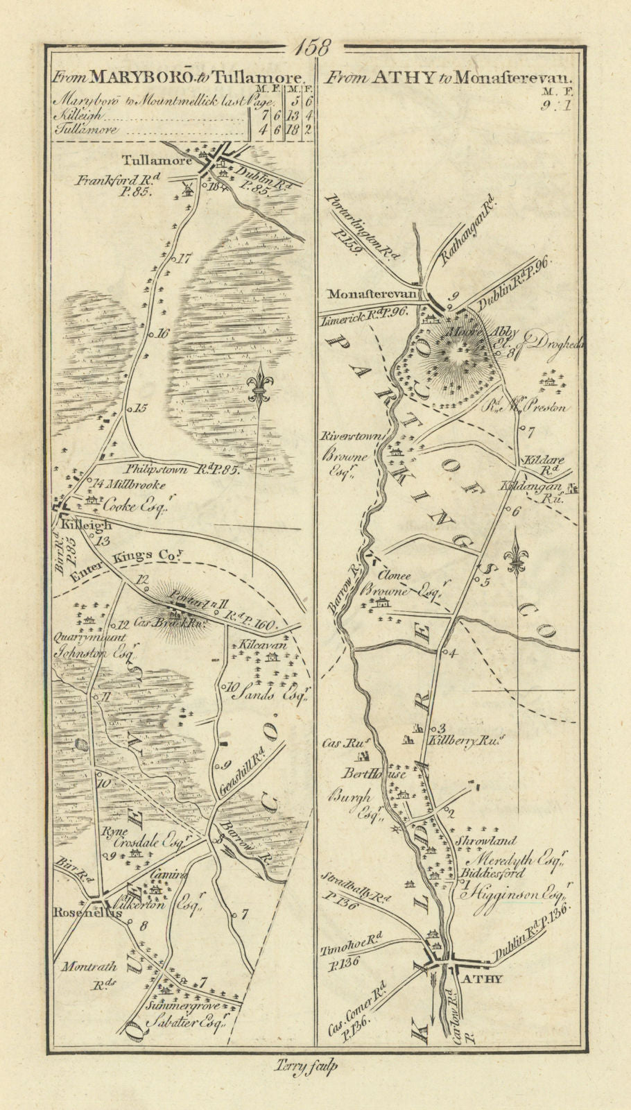 #158 Maryboro to Tullamore. Athy to Monasterevin. TAYLOR/SKINNER 1778 old map