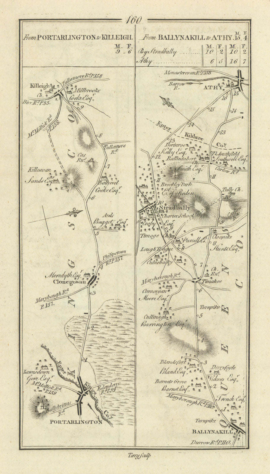 #160 Portarlington to Killeagh. Ballinakill to Athy. TAYLOR/SKINNER 1778 map