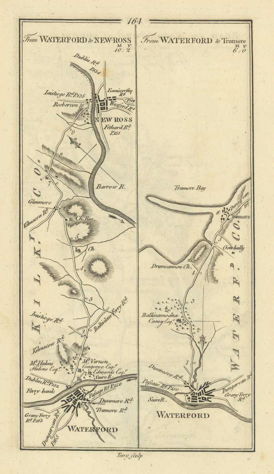 #164 From Waterford to New Ross & Tramore. Wexford. TAYLOR/SKINNER 1778 map