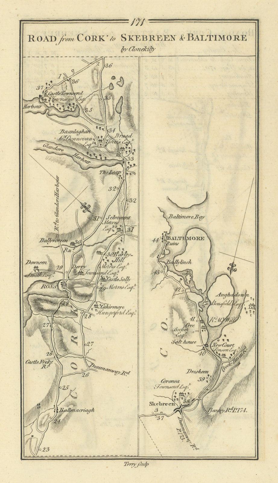 #171 Cork to Skibbereen & Baltimore. Rosscarbery. TAYLOR/SKINNER 1778 old map