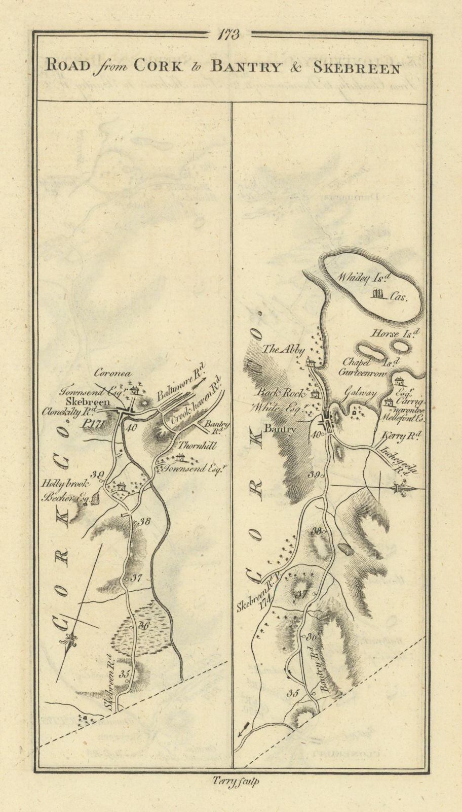#173 Road from Cork to Bantry & Skebreen. Skibbereen. TAYLOR/SKINNER 1778 map