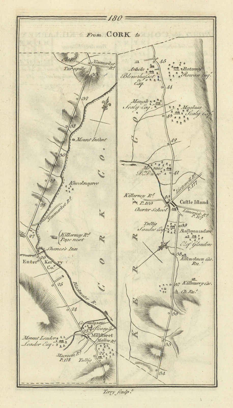 #180 Cork to Tralee & Killarney. Millstreet Castleisland TAYLOR/SKINNER 1778 map