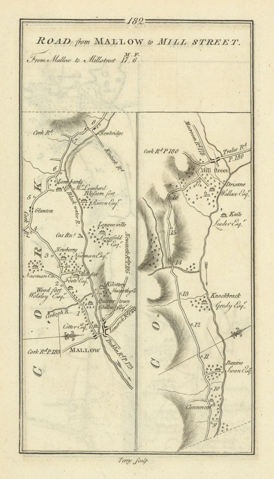#182 Road from Mallow to Mill Street. Millstreet Cork. TAYLOR/SKINNER 1778 map