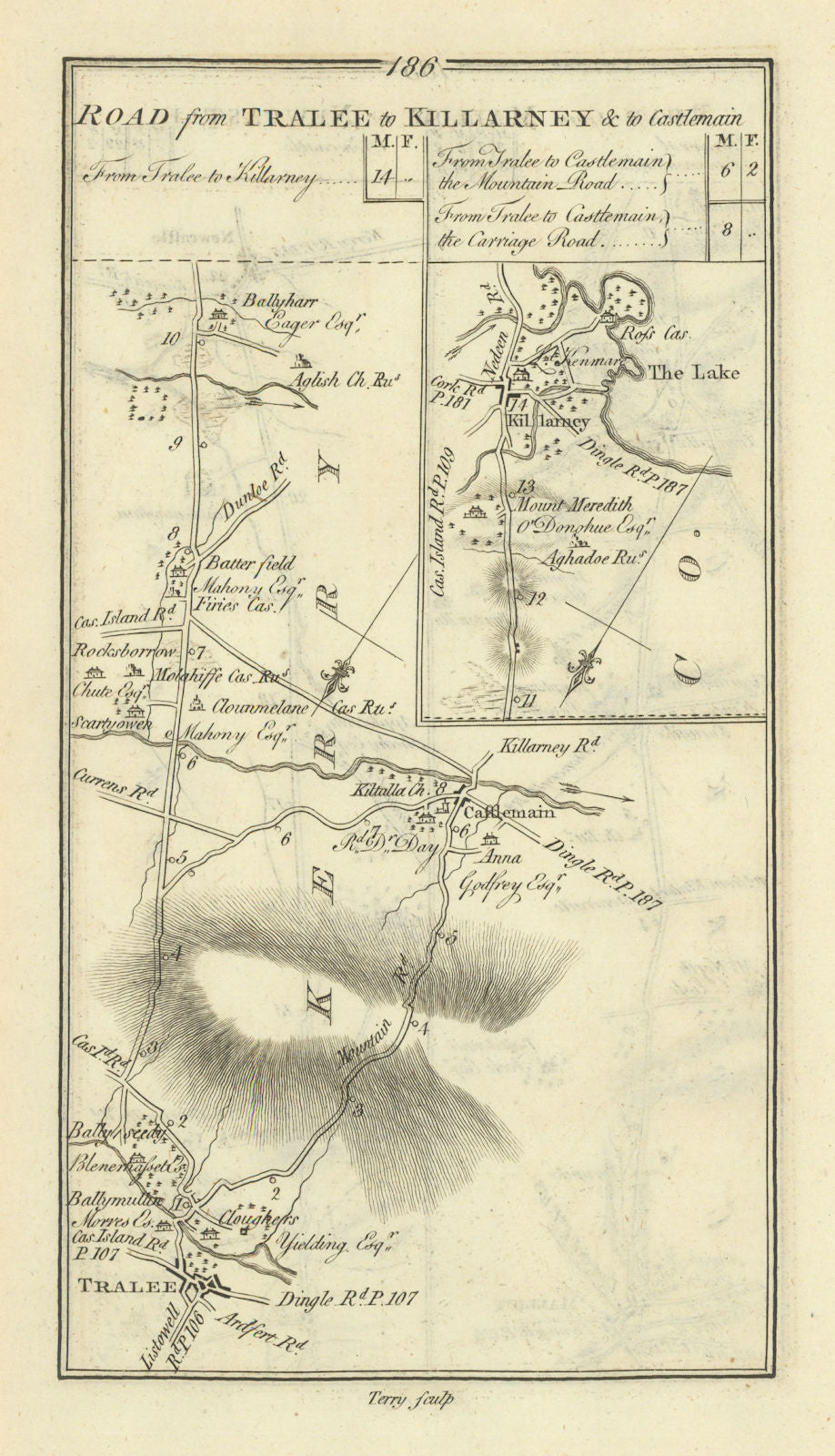 #186 Tralee to Killarney & Castlemaine. Kerry. TAYLOR/SKINNER 1778 old map