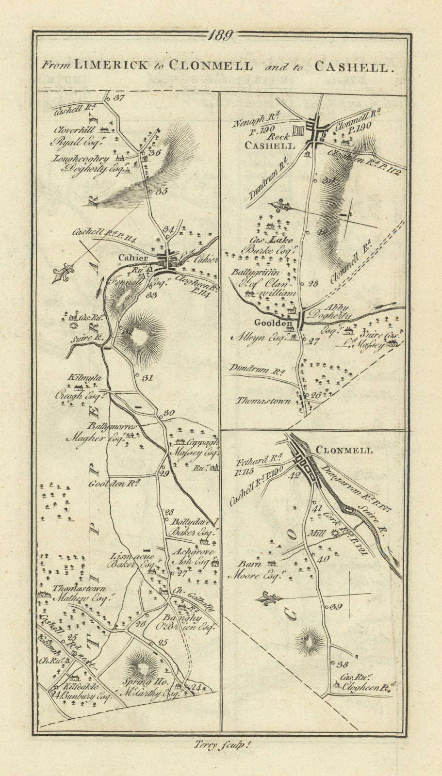 #189 Limerick to Clonmell & Cashell. Cahir Golden. TAYLOR/SKINNER 1778 map