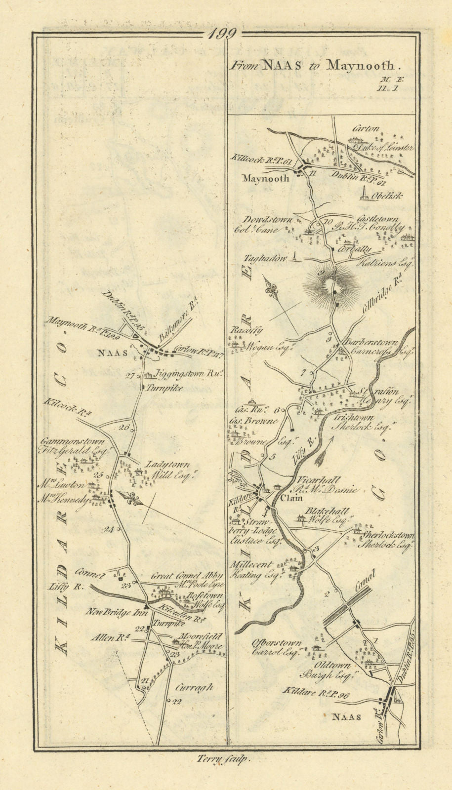 #199 Philipstown to Naas & Maynooth. Clane Kildare. TAYLOR/SKINNER 1778 map