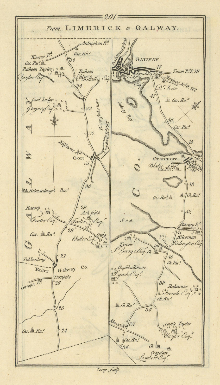 #201 From Limerick to Galway. Gort Oranmore. TAYLOR/SKINNER 1778 old map