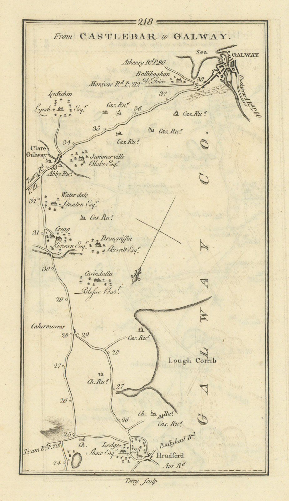 #218 Castlebar to Galway by Headford… Claregalway. TAYLOR/SKINNER 1778 old map