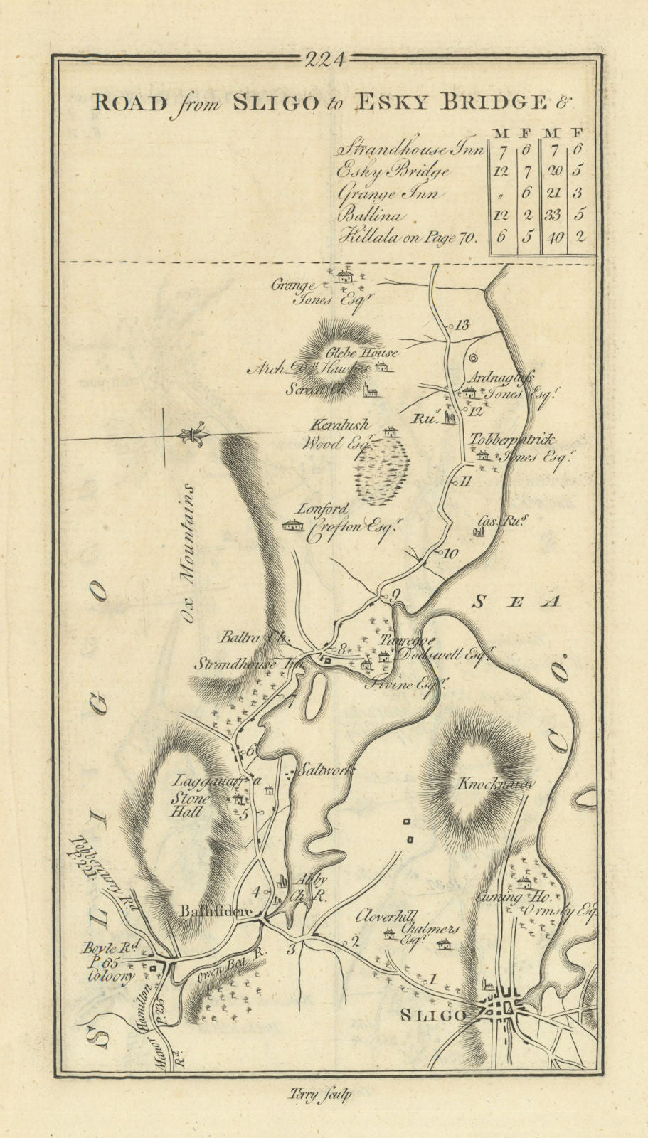 #224 Sligo to Esky Bridge & to Ballina. Ballysadare. TAYLOR/SKINNER 1778 map