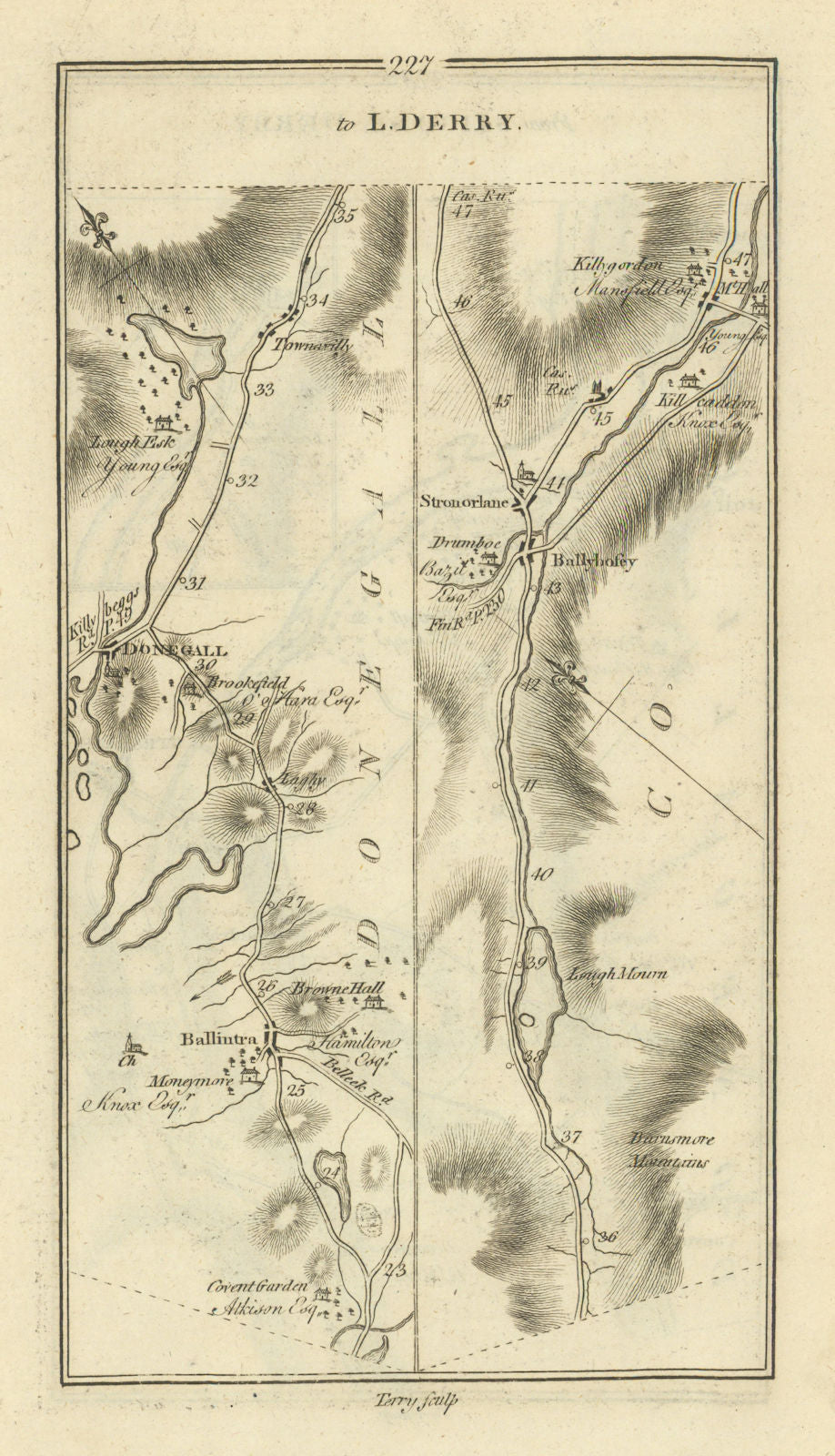 #227 to Londonderry. Donegal Ballybofey Stranorlar. TAYLOR/SKINNER 1778 map