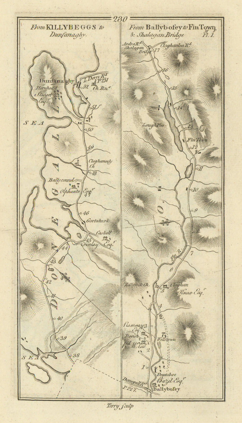 #230 Killybeggs to Dunfanaghy. Ballybofey to Fin town. TAYLOR/SKINNER 1778 map