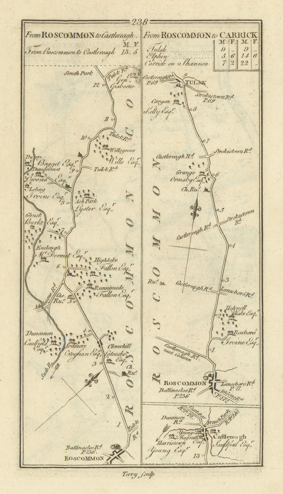 #238 Roscommon to Castlerea & Carrick. Tulsk. TAYLOR/SKINNER 1778 old map