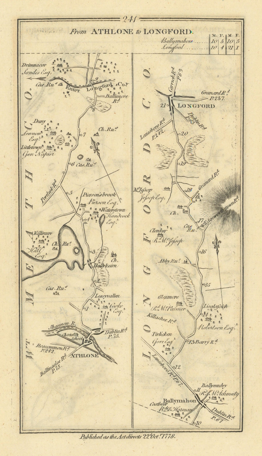 #241 Athlone to Longford. Ballymahon Westmeath. TAYLOR/SKINNER 1778 old map