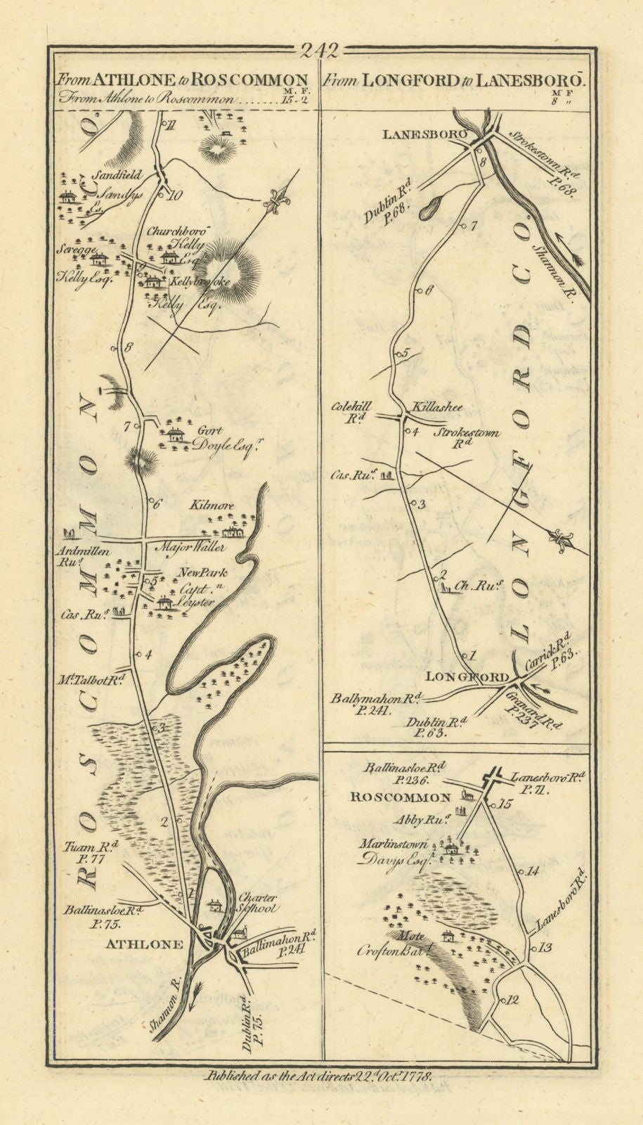 #242 Athlone to Roscommon. Longford to Lanesborough. TAYLOR/SKINNER 1778 map