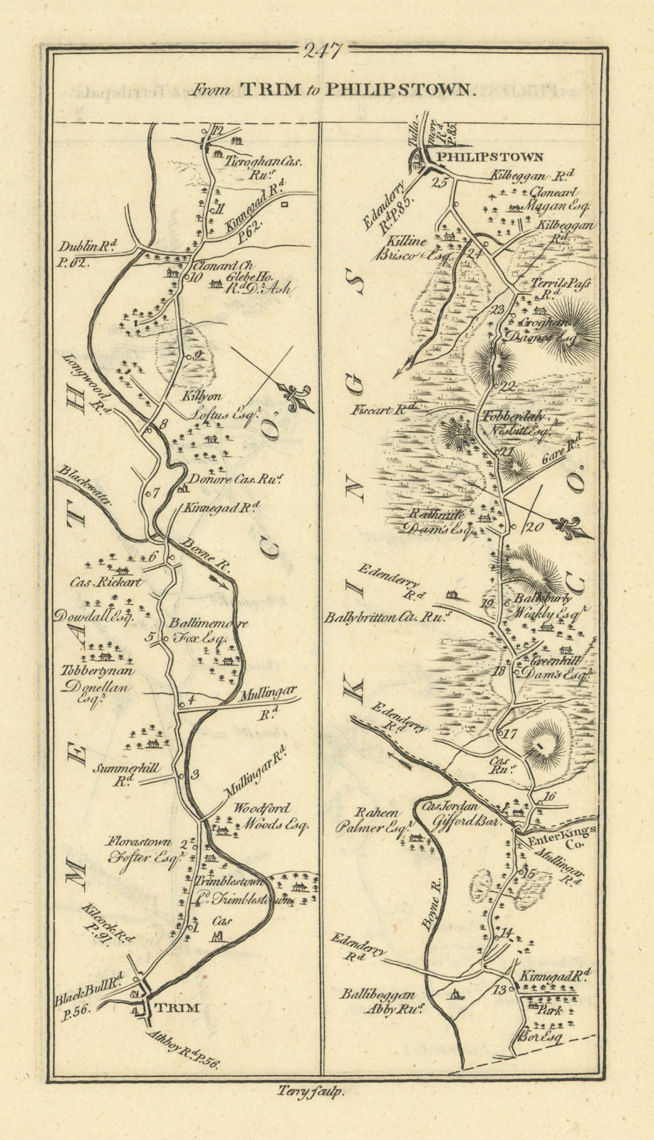#247 From Trim to Philipstown. Daingean Offaly Meath. TAYLOR/SKINNER 1778 map