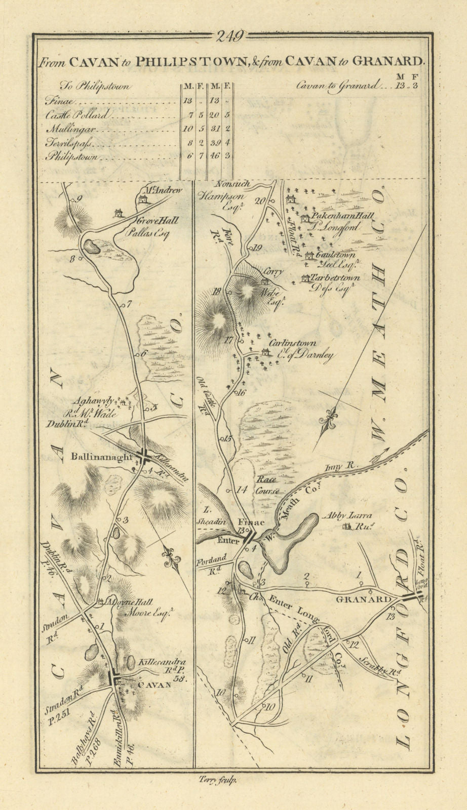 #249 Cavan to Philipstown & Granard. Finnea Ballinagh. TAYLOR/SKINNER 1778 map