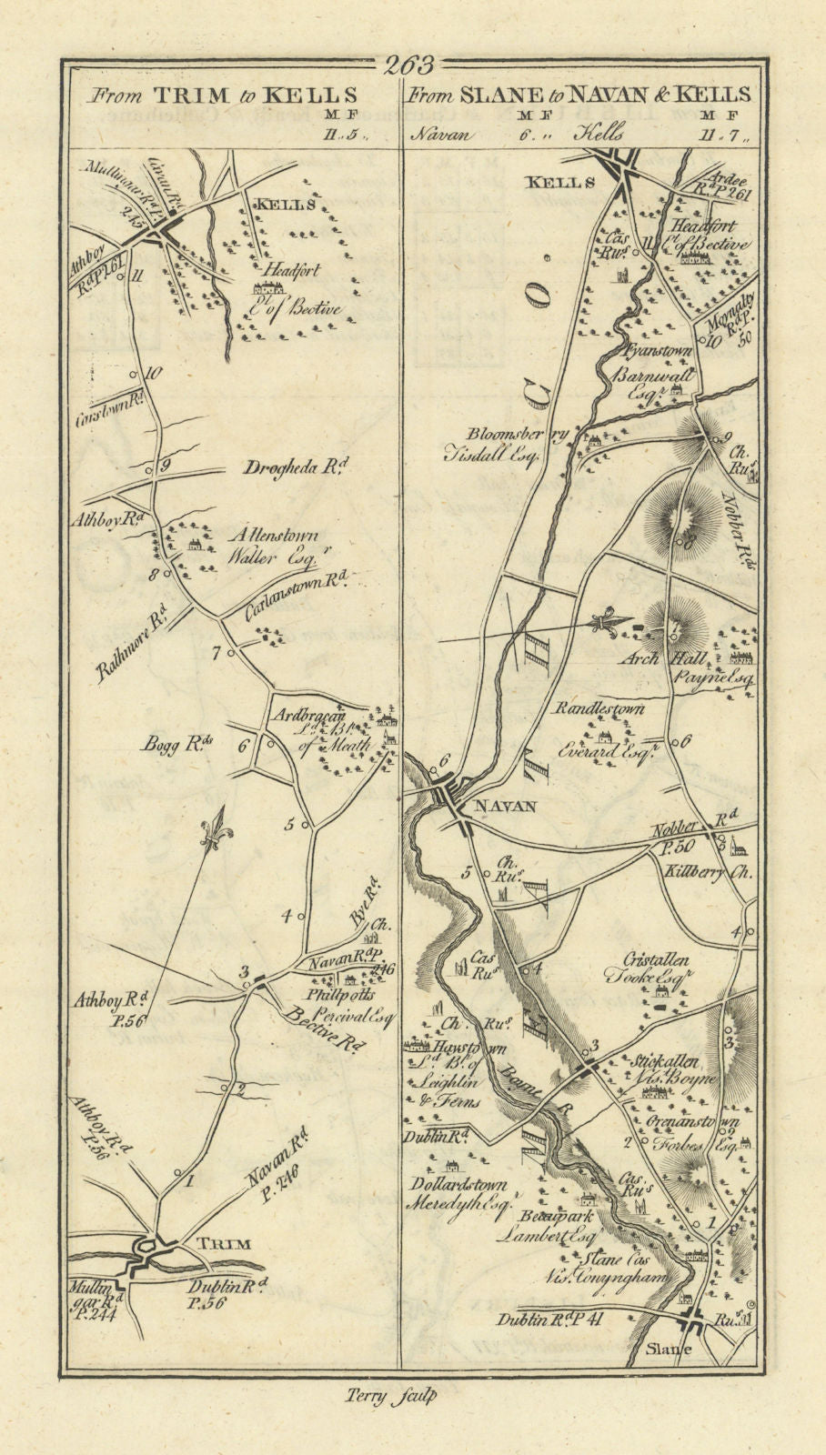 #263 Trim to Kells // Slane to Navan & Kells. Meath. TAYLOR/SKINNER 1778 map