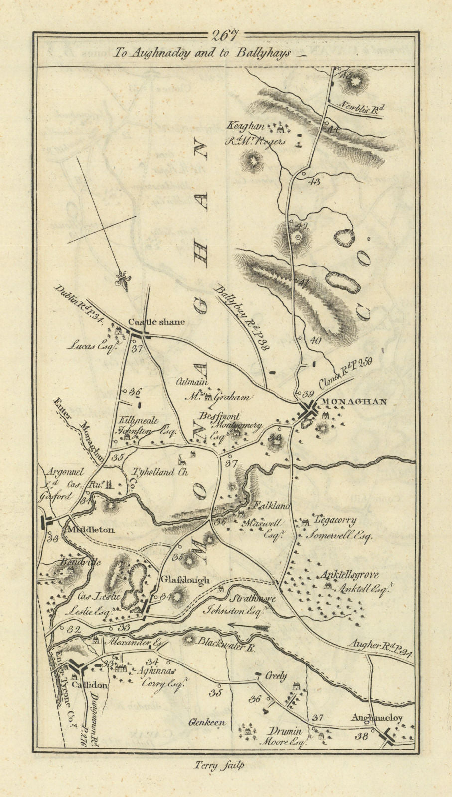 #267 to Aughnacloy & Ballyhays. Monaghan Caledon. TAYLOR/SKINNER 1778 old map